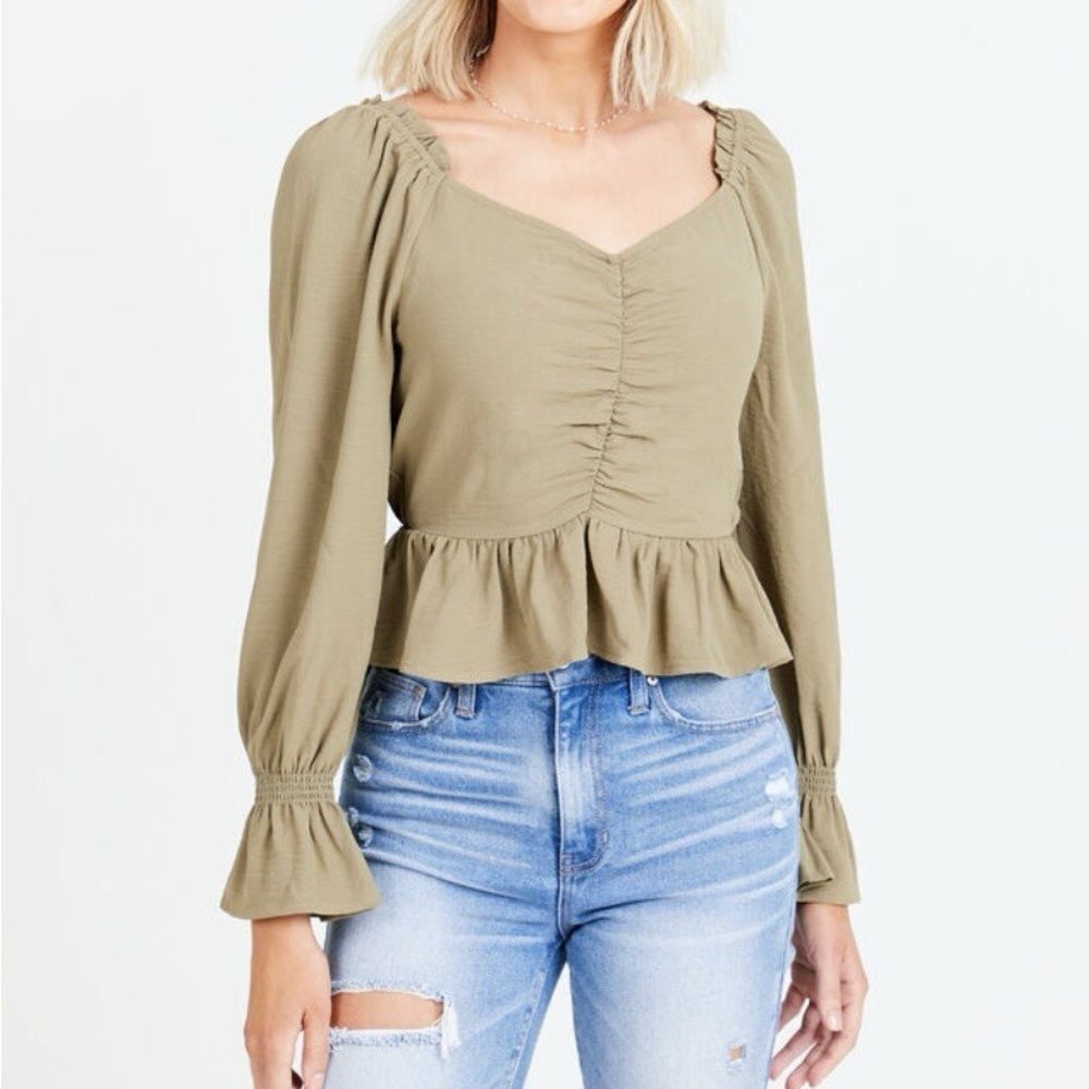 Altar'd State Olive Green Ruched Peplum Blouse Long Sleeve Size S